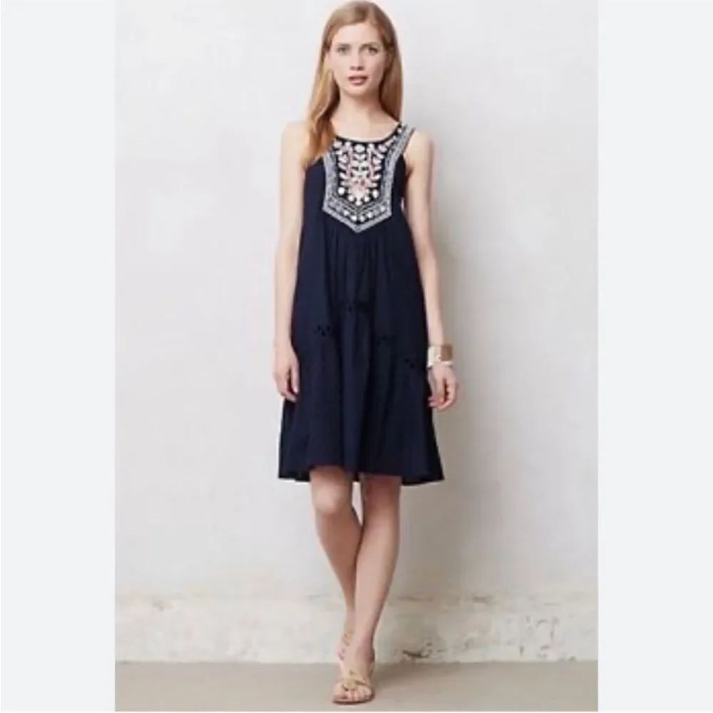 Anthropologie Maeve Tisa Blue Boho Embroidered Pullover Swing Dress Cottagecore
